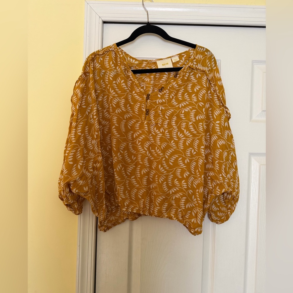 Maeve Anthropologie Women's Mustard Blouse with Leaf Print